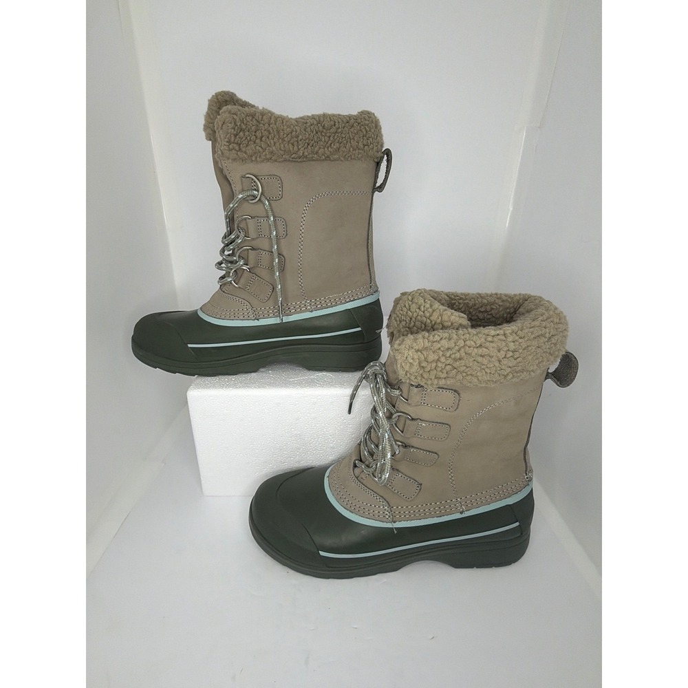 Lands End Women Insulated Snow Boots Tan Green 3M Thinsulate Water Resistant 10B